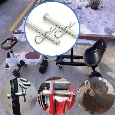 Six Pack Built Tough Heavy Duty Adjustable Multi Hole Eye Pins Clevis Pins Fasteners with R Clip for Farming Equipment Diesel Engines Three Eighths Inch Galvanized Steel in multi-use setup and close-ups