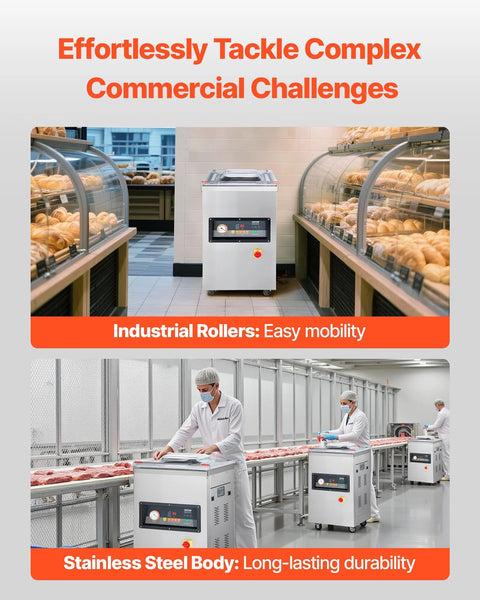 VEVOR chamber vacuum sealer, white with digital panel; shown in bakery display cases and a meat-processing line.