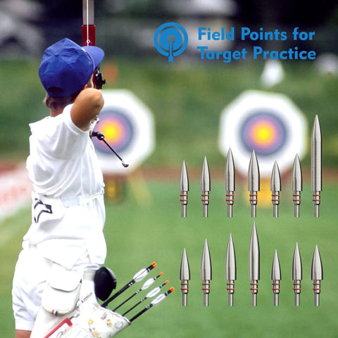 Archer aiming at target with 12 Pack Five Sixteenth Inch Archery Arrow Tips, 100 125 150 200 Grain Field Points visible.