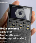 DM42n RPN Scientific Calculator With Hella Sharp 34 Digit Math Power and Sweet HP 42S Emulator Software, displayed in hand with leather pouch.