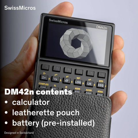 DM42n RPN Scientific Calculator With Hella Sharp 34 Digit Math Power and Sweet HP 42S Emulator Software, displayed in hand with leather pouch.