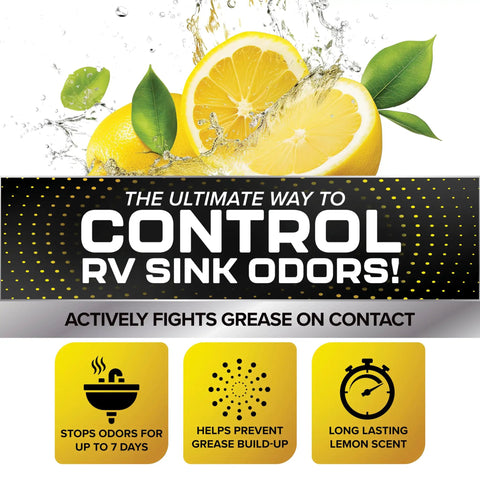 Gray Water Odor Control For RV And Camper Grease Buster Tank Treatment In Lemon Scent image with sliced lemons and benefits.
