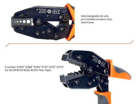 RF Coax Ratchet Crimp Tool with interchangeable dies, steel frame, non-slip PET handles for RG58 RG59 RG62 RG174 Fiber Optic cables