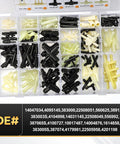 Top view of 159-piece automotive vacuum hose connectors in a clear plastic organizer; 1/8"–3/8" black and cream