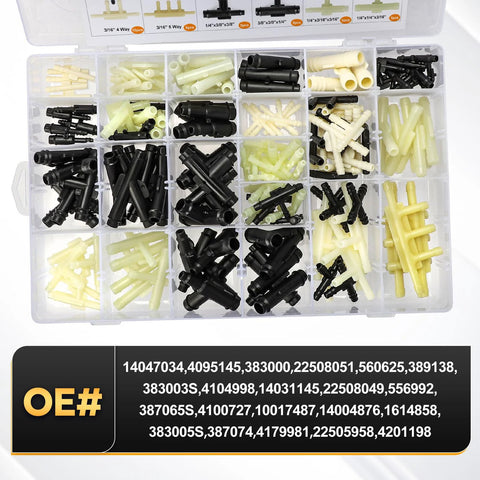 Top view of 159-piece automotive vacuum hose connectors in a clear plastic organizer; 1/8"–3/8" black and cream