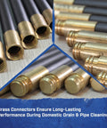 Brass couplings of Heavy Duty Drain Cleaning Rods 9 Meters Long With Ten Flexible Interlocking Tubes for pipe cleaning.