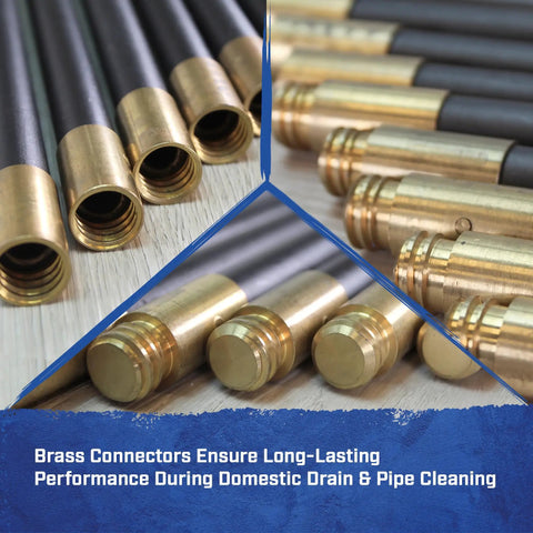 Brass couplings of Heavy Duty Drain Cleaning Rods 9 Meters Long With Ten Flexible Interlocking Tubes for pipe cleaning.