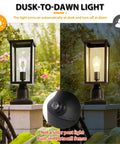 Outdoor Post Light Auto On Sensor 120V Aluminum Waterproof Lantern for Garden Yard Patio Pathway with Pier Mount Base at dusk and dawn.