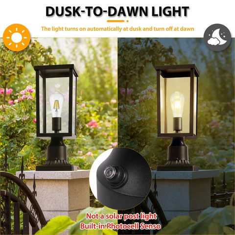 Outdoor Post Light Auto On Sensor 120V Aluminum Waterproof Lantern for Garden Yard Patio Pathway with Pier Mount Base at dusk and dawn.