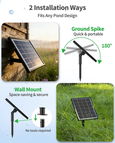 Solar Pond Aerator With Battery Backup 3W Solar Air Pump installation options, wall mount and ground spike in outdoor setting