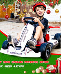Child riding 12V Battery Powered Kids Go Kart With Pedals, Dual Motor, Remote Control, Bluetooth FM Radio, Cool Ride, White