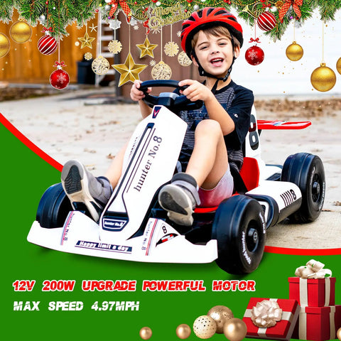Child riding 12V Battery Powered Kids Go Kart With Pedals, Dual Motor, Remote Control, Bluetooth FM Radio, Cool Ride, White