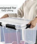 54 Quart Tough As Nails Crystal Clear Storage Tote With IP68 Rated Gasket Sealed Lid and Heavy Duty Secure Latches for easy lifting.