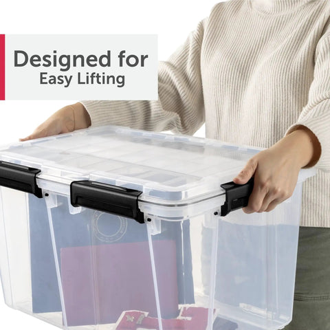 54 Quart Tough As Nails Crystal Clear Storage Tote With IP68 Rated Gasket Sealed Lid and Heavy Duty Secure Latches for easy lifting.
