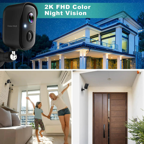 Wireless Outdoor Security Camera System With 2K HD Video And Battery Power installed on home exterior with night vision view