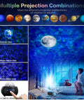 Planet Night Light Projector For Kids displaying solar system on ceiling in bedroom with child watching, includes remote and speaker.