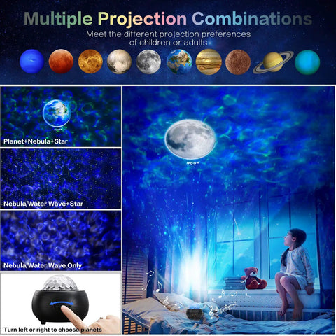 Planet Night Light Projector For Kids displaying solar system on ceiling in bedroom with child watching, includes remote and speaker.