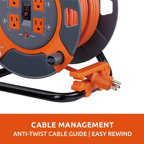 Heavy Duty 80 Foot Cord Reel Extension Cord With Four Outlets High Visibility 14 AWG SJTW Cable Tangle Free Cord Management Built In Reel And Safety Circuit Breaker For Overload Protection