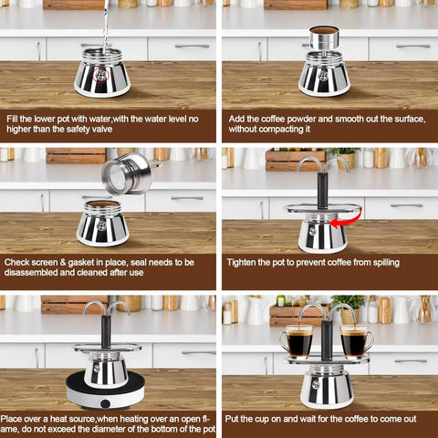 Premium Stainless Steel Moka Pot With Heavy Duty Dual Pipe Flow Tech For Pullin Quick Stovetop Espresso On Gas Or Induction Cooktops, step-by-step brewing guide.