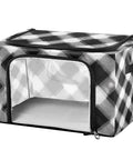 Totally Slick Foldable Storage Bin With Clear Vinyl Window And Reinforced Steel Frame Dual Zippered Openings For Hassle Free Access Checkered Pattern viewed from the side.