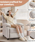 Woman relaxing in Cozy Linen Recliner Chair With Padded Deep Seat And Side Pockets, Easy Manual Recline To Near Flat, in living room