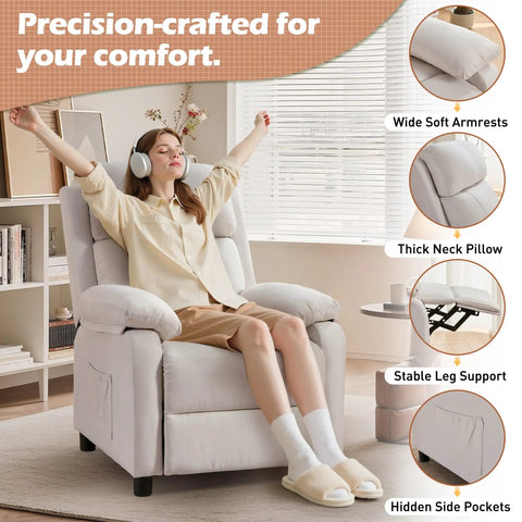 Woman relaxing in Cozy Linen Recliner Chair With Padded Deep Seat And Side Pockets, Easy Manual Recline To Near Flat, in living room