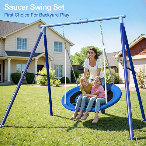 Heavy Duty Saucer Swing Set For Backyard 500lbs Capacity Outdoor Metal Frame Playground Equipment With 45 Inch Round Swing
