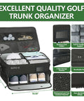 Three Layer Golf Trunk Organizer With Extra Large Storage For Shoes Up To Size 13 And All Your Gear Including Balls Tees Gloves Clothes And Accessories Perfect Car Trunk Organizer For Men, open view showing compartments and features