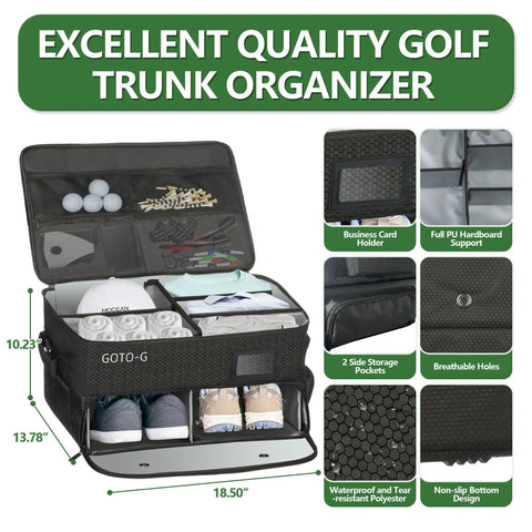Three Layer Golf Trunk Organizer With Extra Large Storage For Shoes Up To Size 13 And All Your Gear Including Balls Tees Gloves Clothes And Accessories Perfect Car Trunk Organizer For Men, open view showing compartments and features