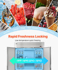 Built Different For Heavy Duty Operations This 52 Cubic Foot Upright Freezer features rapid freshness locking with an open door showing trays inside.