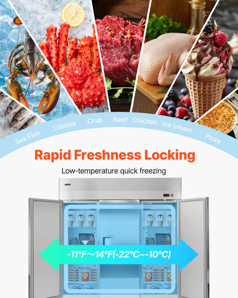 Built Different For Heavy Duty Operations This 52 Cubic Foot Upright Freezer features rapid freshness locking with an open door showing trays inside.