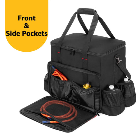 Heavy Duty Big Buddy Heater Carry Bag with thick padded interior, anti-slip bottom, shown with front and side pockets open.