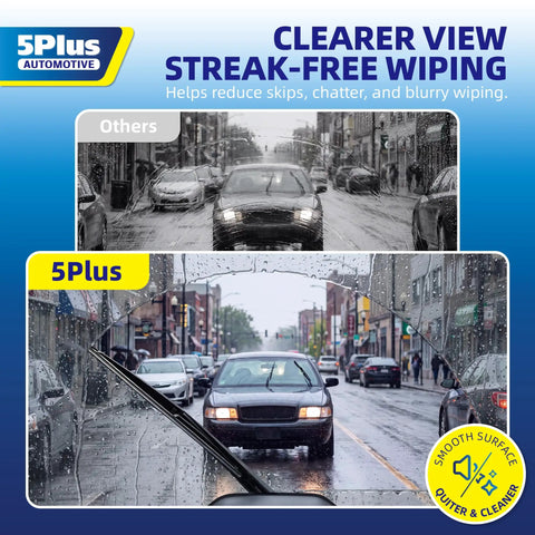 Comparison of wiper blade performance showing clarity with Top Tier 13 Inch Rear Windshield Wiper Blade For Chevy Equinox Cadillac Escalade Gmc Terrain Hella Quiet Operation All Weather Solid Mount No Sweat Install.
