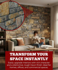 Super Lightweight Peel And Stick Faux Stone Wall Cladding Is A Total Game Changer For Modernizing Indoors Or Outdoors With Realistic Stone Effect Textures Top Tier Sound Dampening Features And An Easy Peasy Installation Process In Classic Golden Grey, displayed on a modern living room wall.