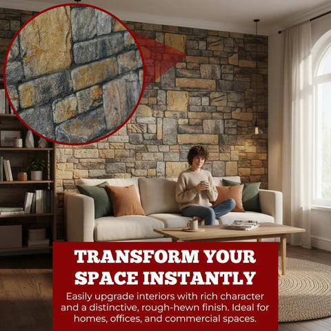Super Lightweight Peel And Stick Faux Stone Wall Cladding Is A Total Game Changer For Modernizing Indoors Or Outdoors With Realistic Stone Effect Textures Top Tier Sound Dampening Features And An Easy Peasy Installation Process In Classic Golden Grey, displayed on a modern living room wall.