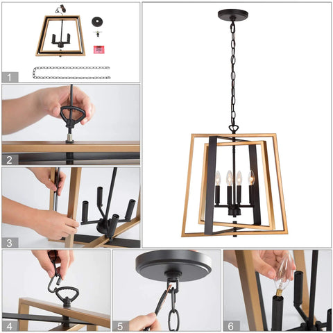 Assembly steps of Black And Gold Farmhouse Pendant Light With Free Swinging Arms, Modern 20 Inch Wide Chandelier, 4 Matte Iron Candle Lights