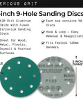 Workhorse 5 Inch 9 Hole 120 Grit Sanding Discs With Hook and Loop Backing for Random Orbital Sanders Fits Festool 125 Series ETS and Rotex 50 Pack Box featuring green and grey discs layout.