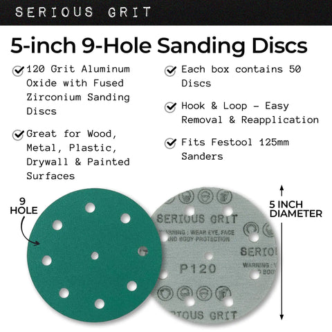 Workhorse 5 Inch 9 Hole 120 Grit Sanding Discs With Hook and Loop Backing for Random Orbital Sanders Fits Festool 125 Series ETS and Rotex 50 Pack Box featuring green and grey discs layout.
