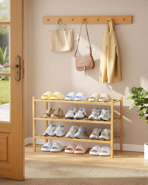 Solid Three Tier Bamboo Shoe Rack For Front Door Entryway Sweet Wooden Storage Organizer Ideal For Closets And Dorms Tight Footwear Holder That Snags Your Daily Kicks And Keeps Your Home Looking Fresh And Sharp