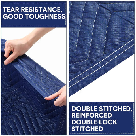 Close-up of blue 12 Pack Moving Blankets 80 X 72 Inch Heavy Duty Padding, showing reinforced double stitching and tear resistance.