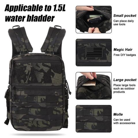 Tactical Molle Hydration Pack One And A Half Liter Capacity Water Reservoir Bag for vest, showing pockets and molle system