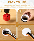 Step-by-step use of Desk Grommet Set 2 Inch White ABS Plastic Hole Covers for Cables with hole saw in 4-panel image guide.