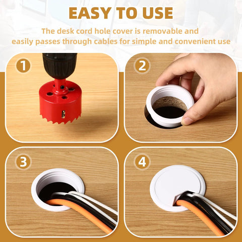 Step-by-step use of Desk Grommet Set 2 Inch White ABS Plastic Hole Covers for Cables with hole saw in 4-panel image guide.