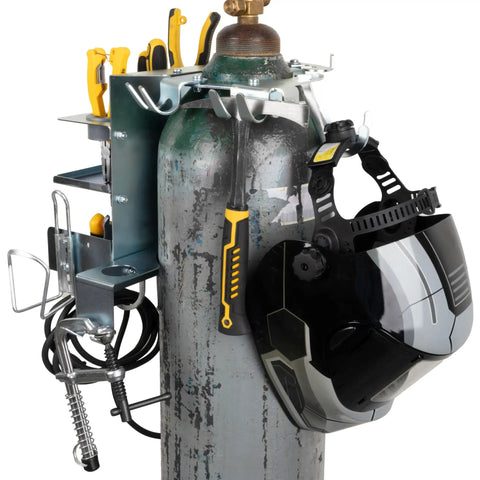 Heavy Duty Welder Cylinder Organizer Snap On Plated Steel Clip Mount fits wide tank shoulders with welding tools and helmet.