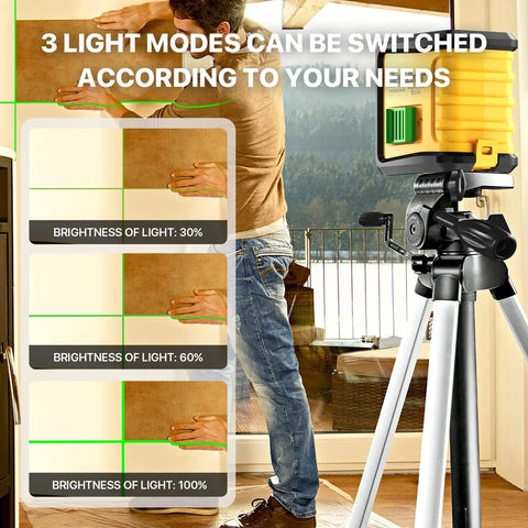 Self Leveling Green Cross Line Laser Level With Tripod For Picture Hanging And Home Renovation DIY Friendly Pro Grade Indoor Construction Tool With Bright Hundred Foot Visibility And One Ninth Inch Precision At Thirty Three Feet Battery Included showing light modes