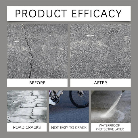 Before and after images showing Heavy Duty Crack Fill Patch For Concrete Asphalt And Masonry Driveways effectiveness on road cracks.