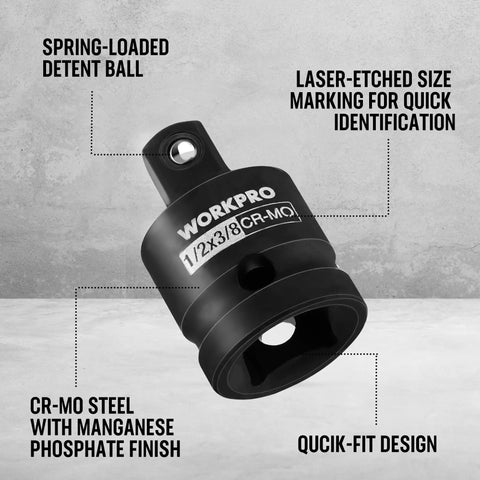Pro Grade Impact Socket Adapters And Reducers Kit With Universal Joints And Drill Adapters, One Quarter Inch, Three Eighths Inch And One Half Inch Drive, Case Included, Perfect For Automotive Repairs And Home DIY; CR-MO steel adapter with laser-etched markings and quick-fit design.