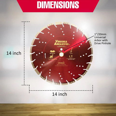 Sparkie Premium Diamond Blade For Concrete Cuts, 14 Inch Wet Or Dry Saw Blade With 12mm Segments, dimensions shown