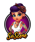 Illustration of a tattooed woman with purple hair and headband in a white tank top, "SoScene" text below.