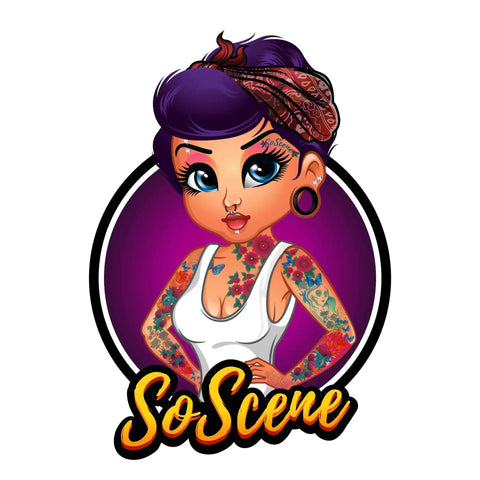 Illustration of a tattooed woman with purple hair and headband in a white tank top, "SoScene" text below.
